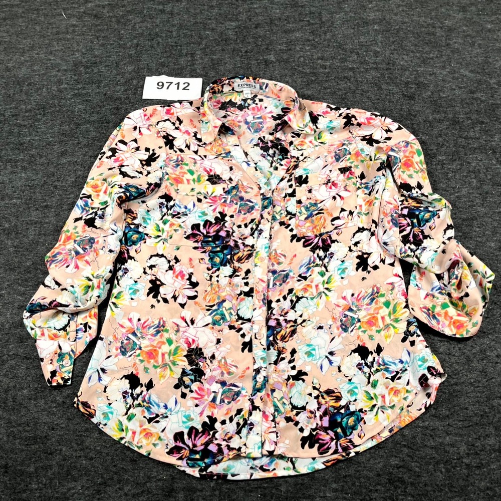 Express the Portofino Shirt Womens Small Multicolor Floral Pleated Button Up - Picture 2 of 8
